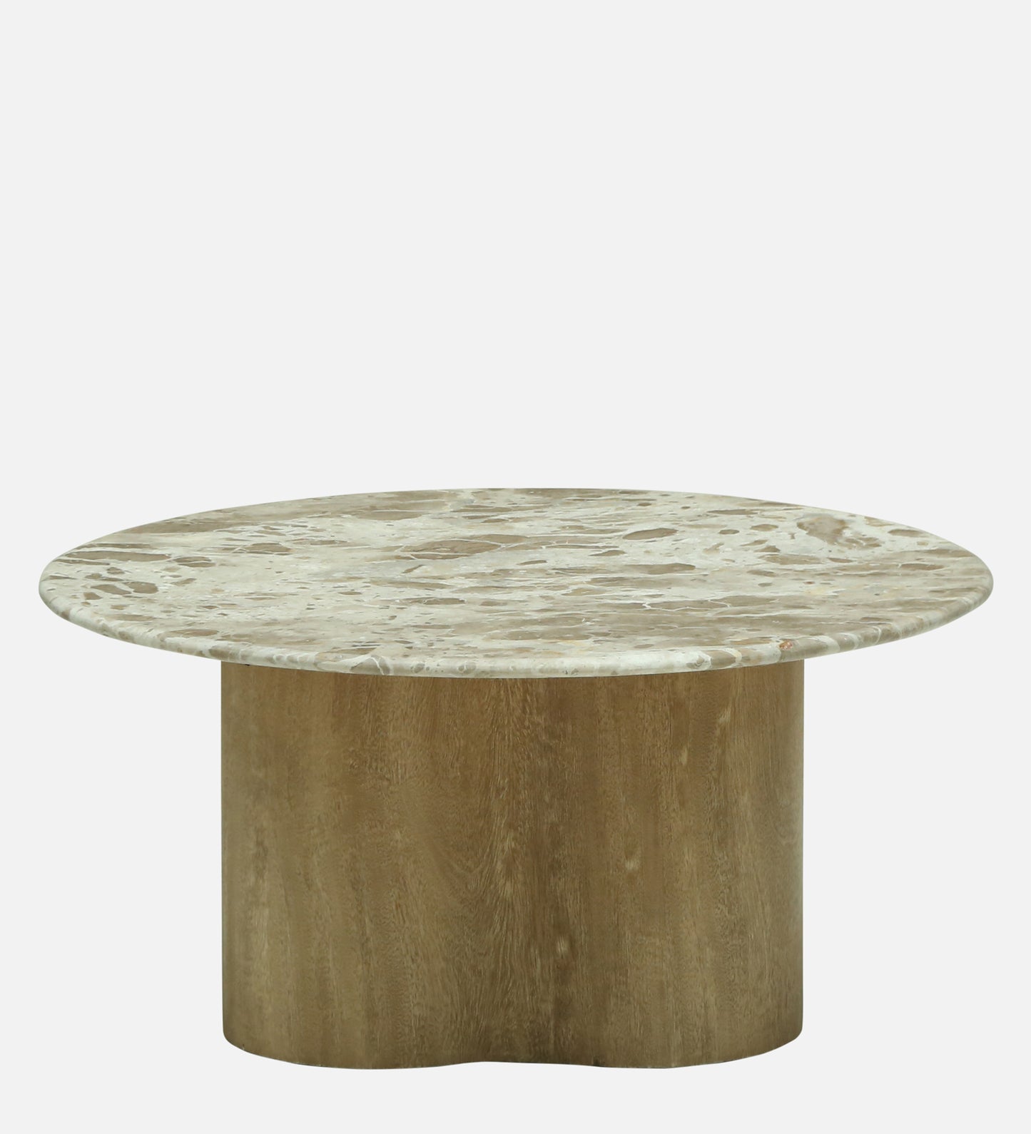 Round Beige Marble Coffee Table with Scalloped Mango Wood Pedestal Base - alternate view 2