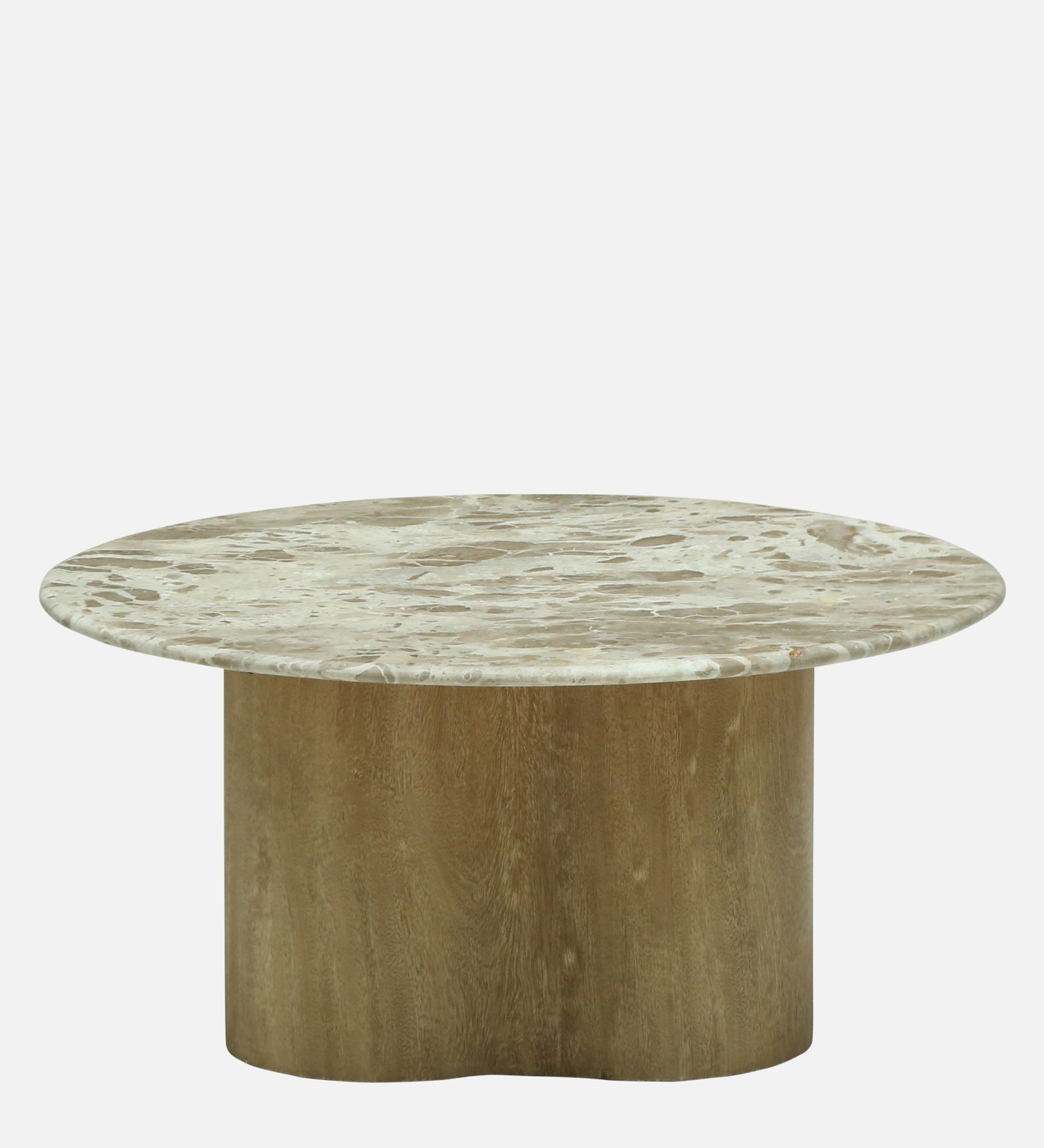 Round Beige Marble Coffee Table with Scalloped Mango Wood Pedestal Base - alternate view 2