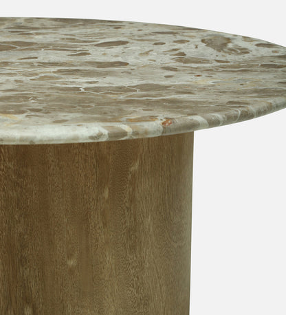 Round Beige Marble Coffee Table with Scalloped Mango Wood Pedestal Base - alternate view 3