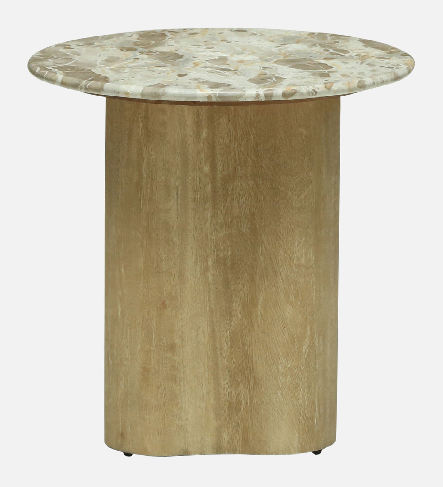 Round Beige Marble Side Table with Scalloped Mango Wood Pedestal Base - alternate view 2