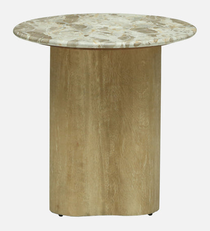 Round Beige Marble Side Table with Scalloped Mango Wood Pedestal Base - alternate view 2