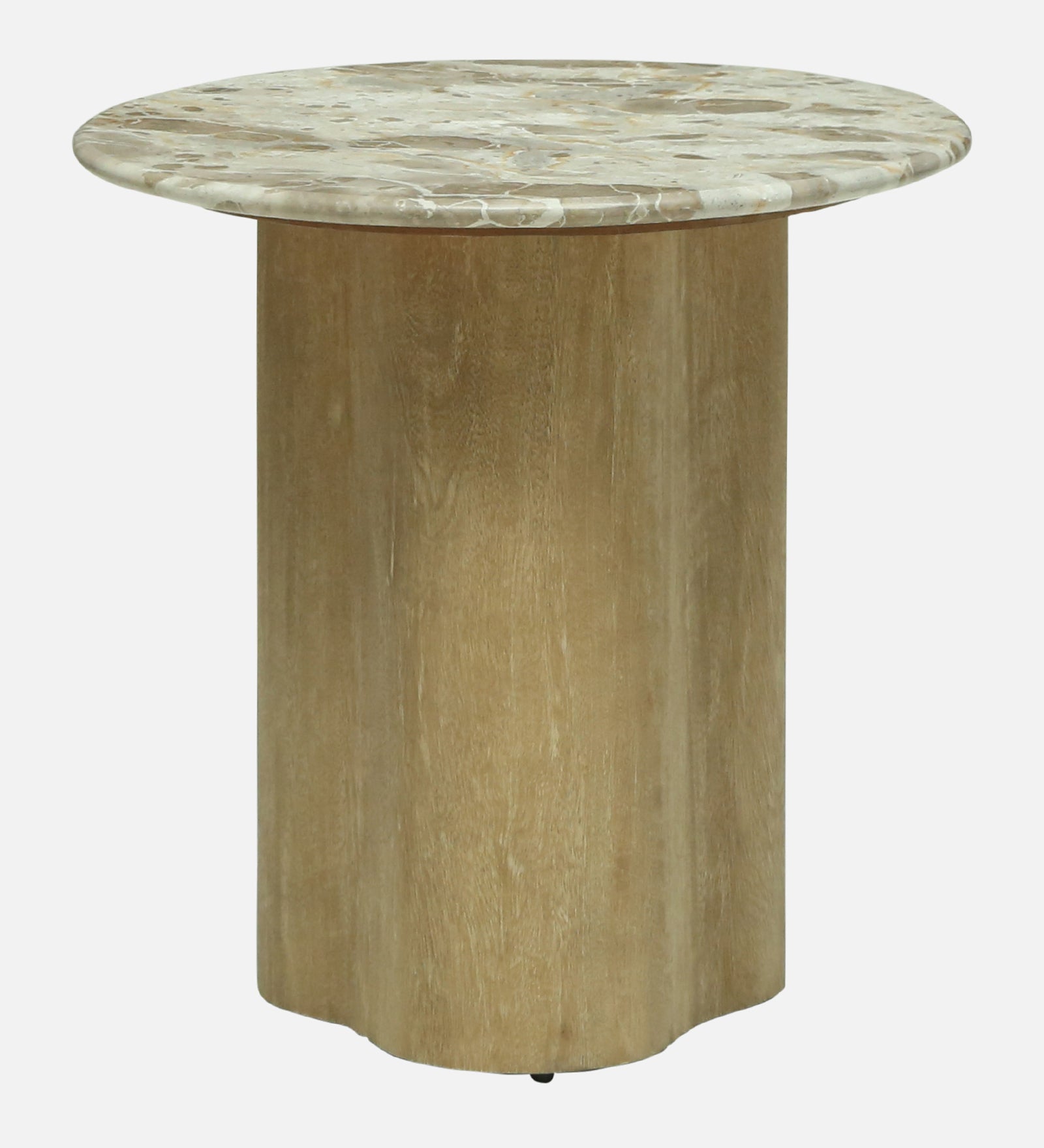 Round Beige Marble Side Table with Scalloped Mango Wood Pedestal Base