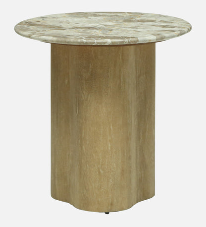 Round Beige Marble Side Table with Scalloped Mango Wood Pedestal Base