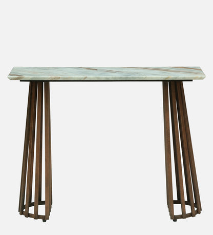 Console Table with Light Marble Top and Dual Slatted Dark Wood Legs - alternate view 2