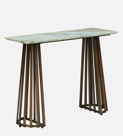 Console Table with Light Marble Top and Dual Slatted Dark Wood Legs - alternate view 3