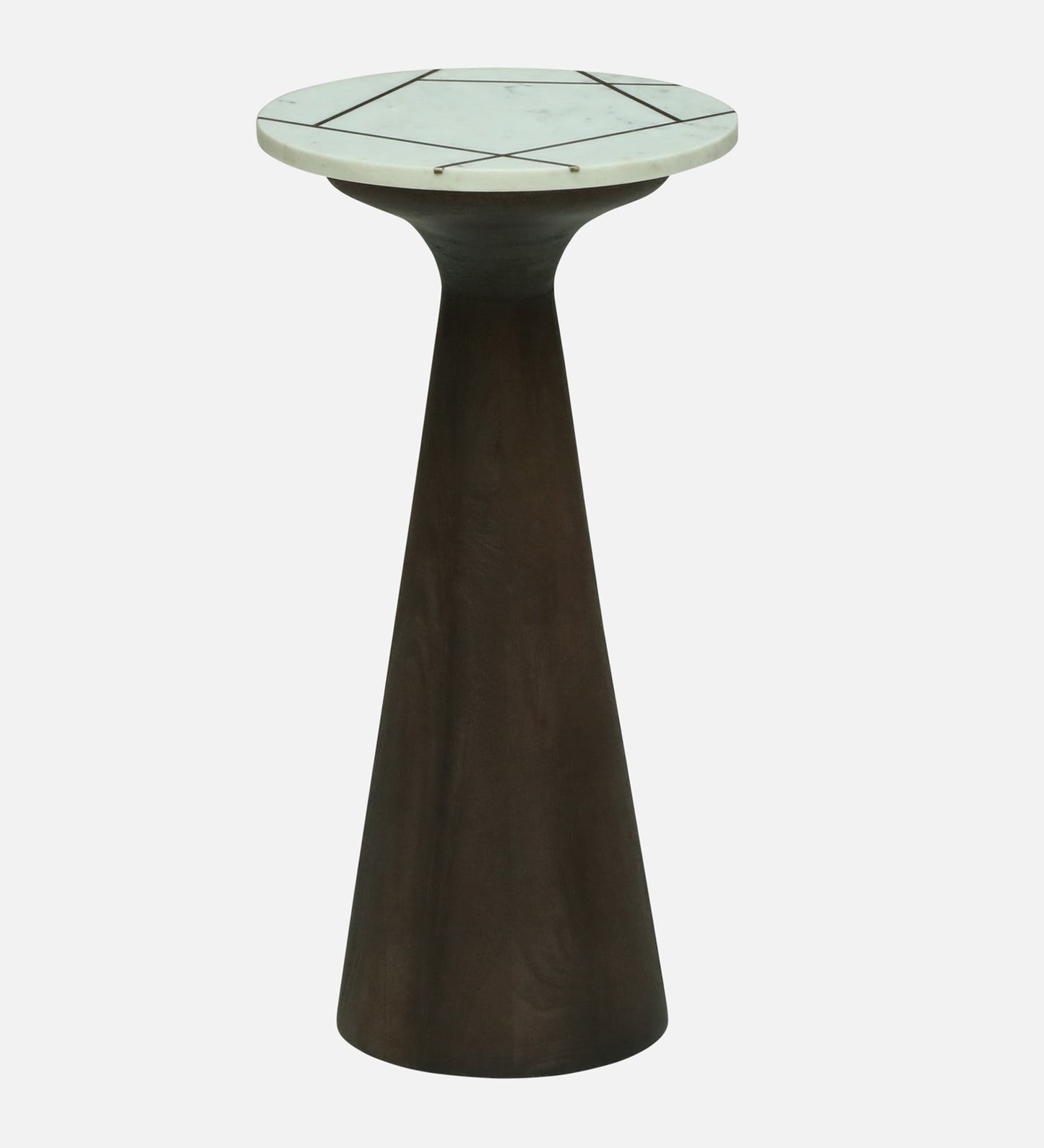 Side Table with White Marble Top, Brass Inlay, and Dark Wood Cone Pedestal Base - alternate view 2