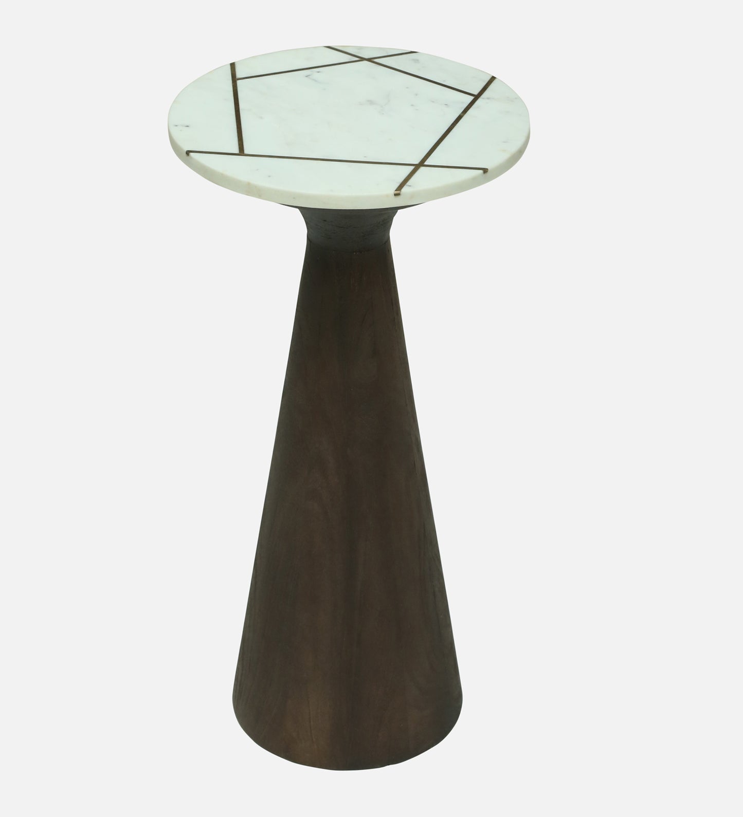 Side Table with White Marble Top, Brass Inlay, and Dark Wood Cone Pedestal Base - alternate view 3