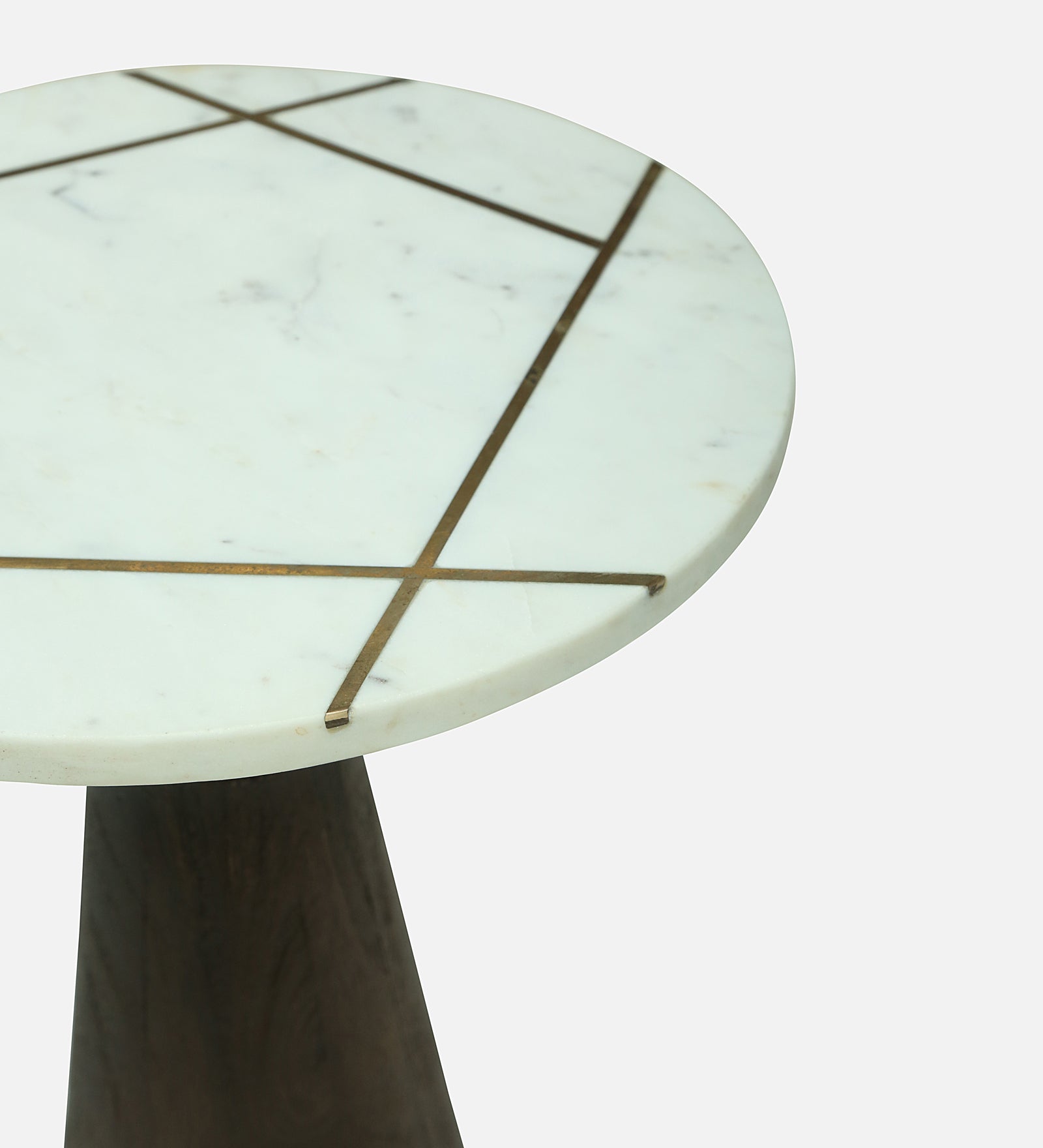 Side Table with White Marble Top, Brass Inlay, and Dark Wood Cone Pedestal Base - alternate view 4