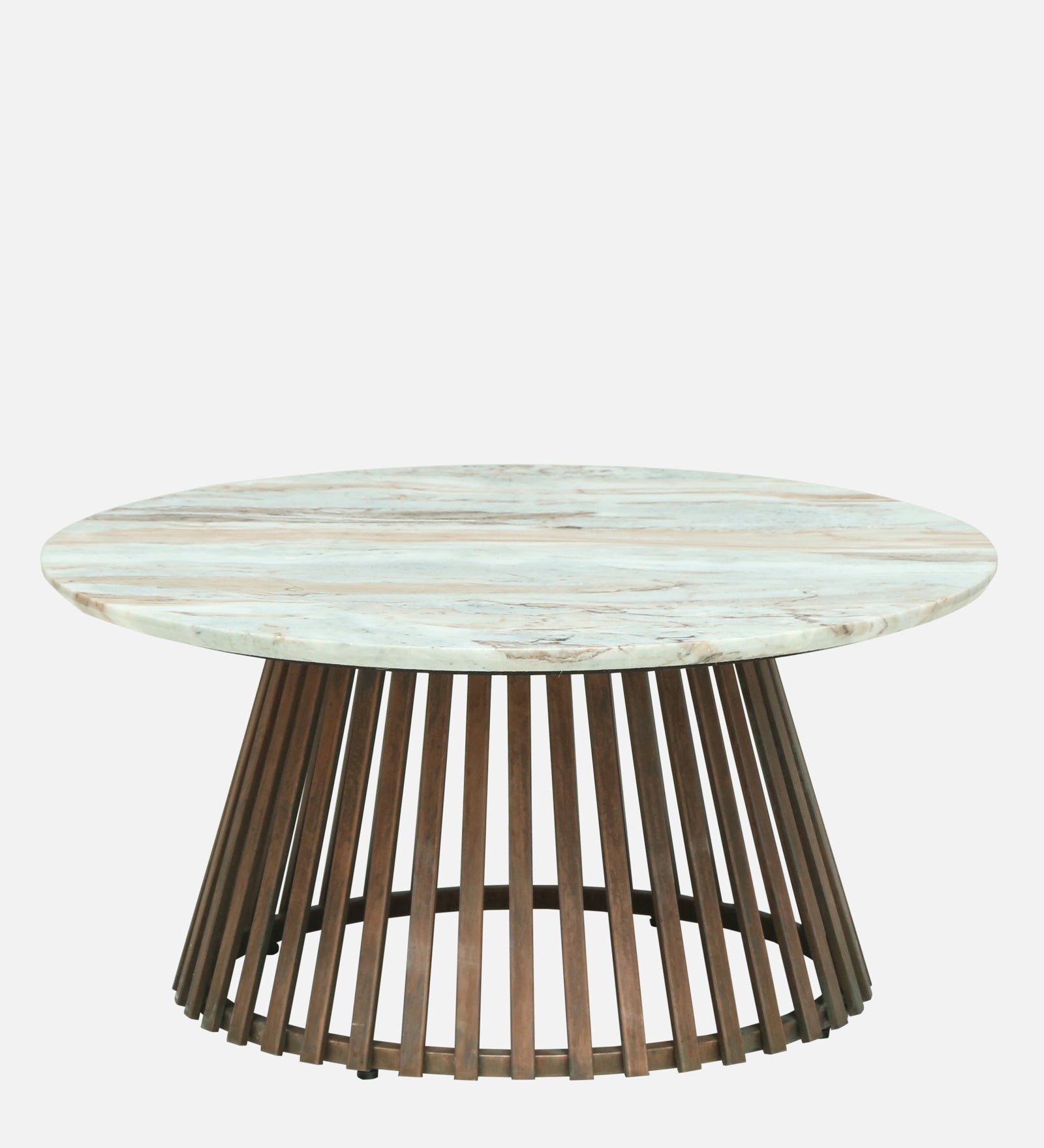 Round White Marble Coffee Table with Slatted Dark Wood Pedestal Base - alternate view 2