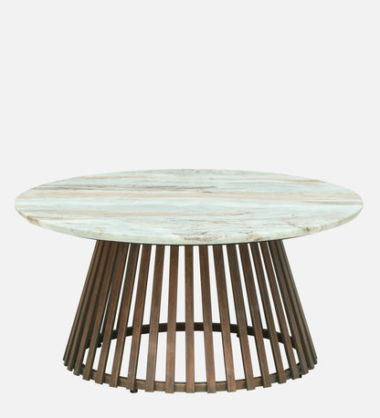Round White Marble Coffee Table with Slatted Dark Wood Pedestal Base - alternate view 2