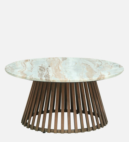 Round White Marble Coffee Table with Slatted Dark Wood Pedestal Base - alternate view 3
