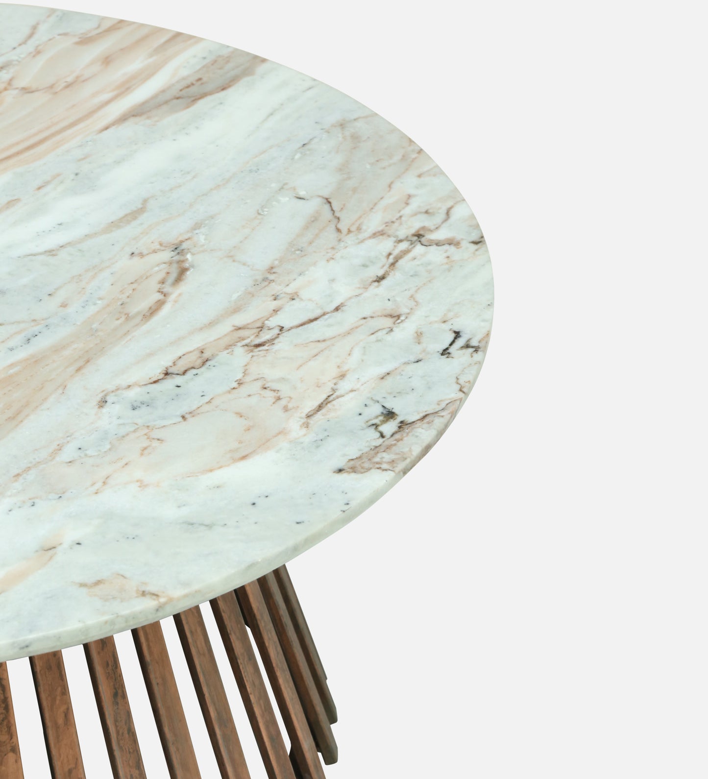 Round White Marble Coffee Table with Slatted Dark Wood Pedestal Base - alternate view 4