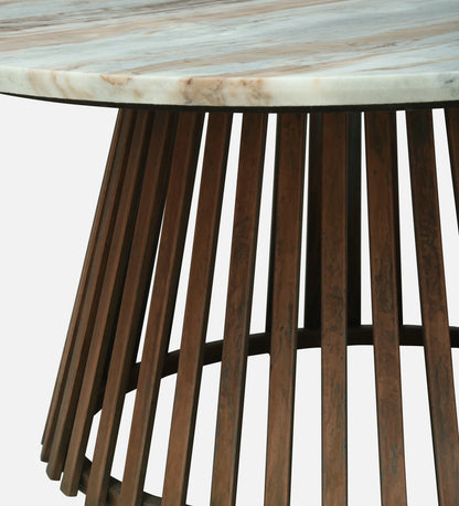 Round White Marble Coffee Table with Slatted Dark Wood Pedestal Base - alternate view 5