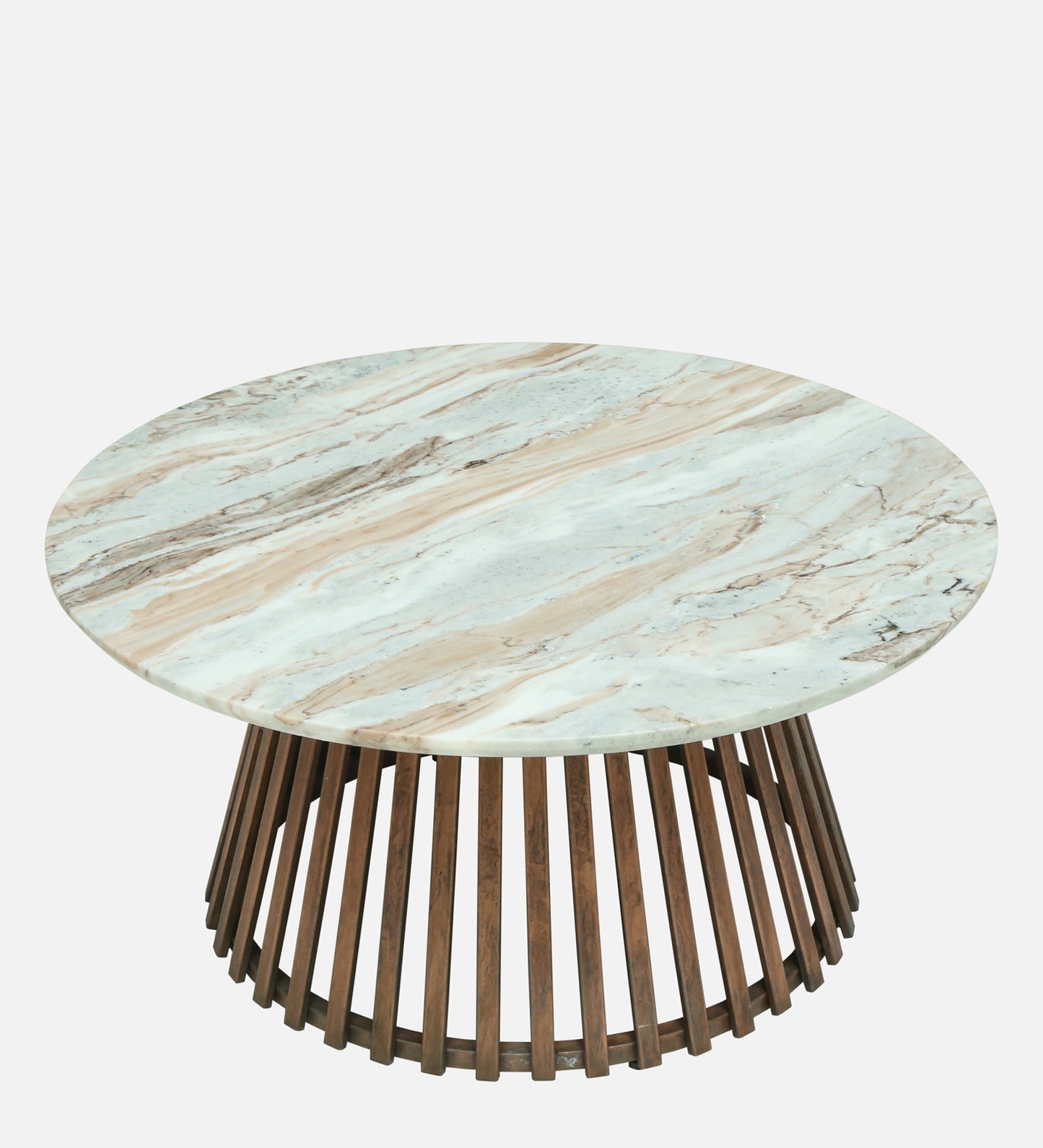 Round White Marble Coffee Table with Slatted Dark Wood Pedestal Base - alternate view 6