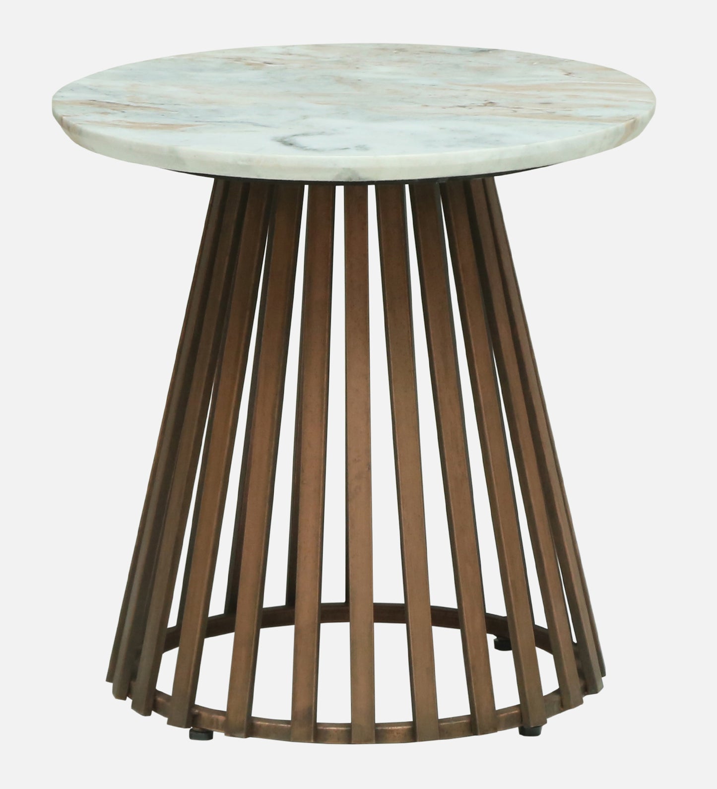Round White Marble Side Table with Slatted Dark Wood Pedestal Base - alternate view 2