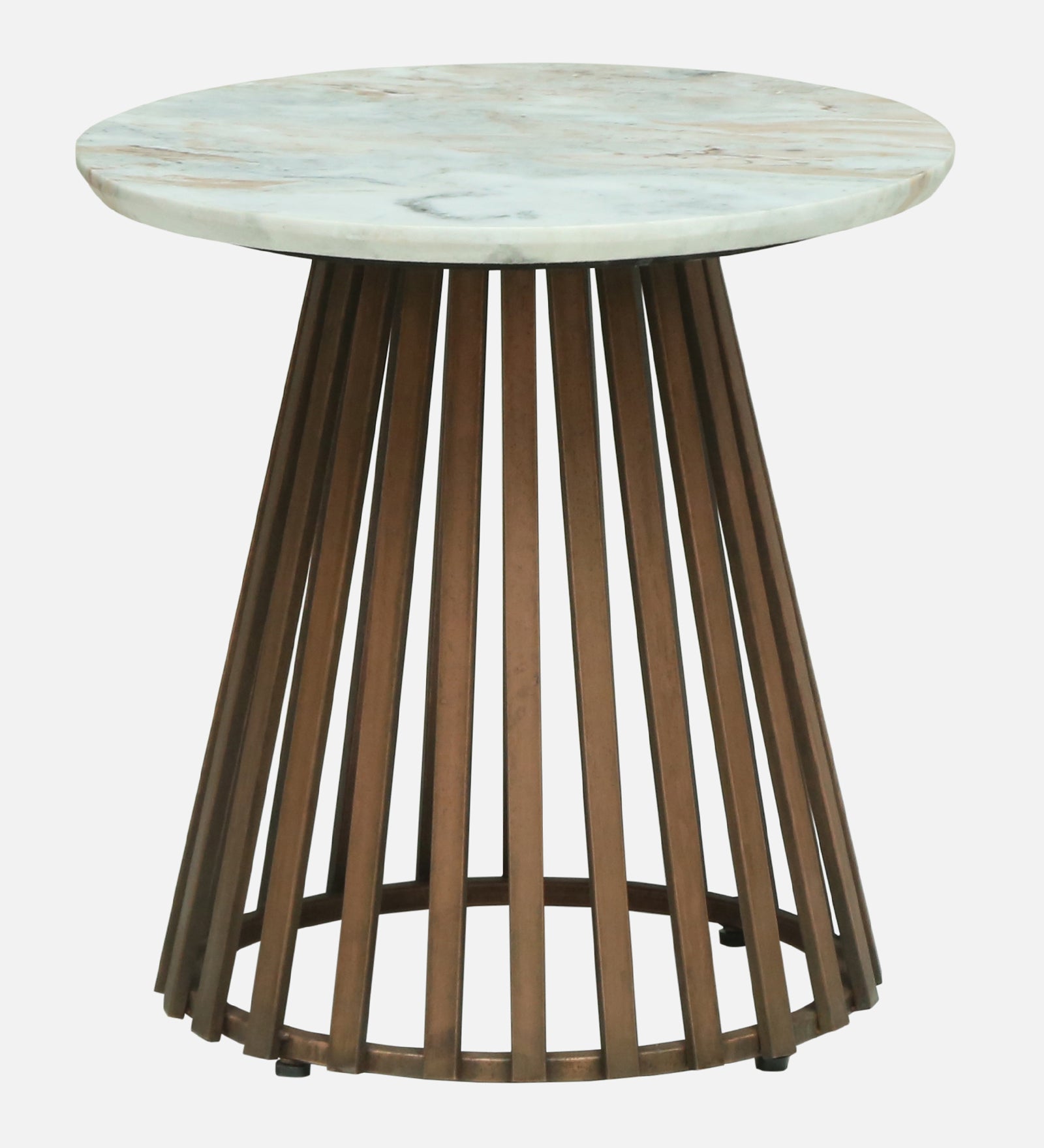 Round White Marble Side Table with Slatted Dark Wood Pedestal Base - alternate view 2
