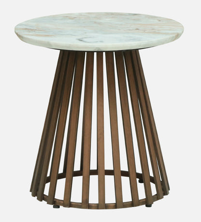 Round White Marble Side Table with Slatted Dark Wood Pedestal Base - alternate view 2