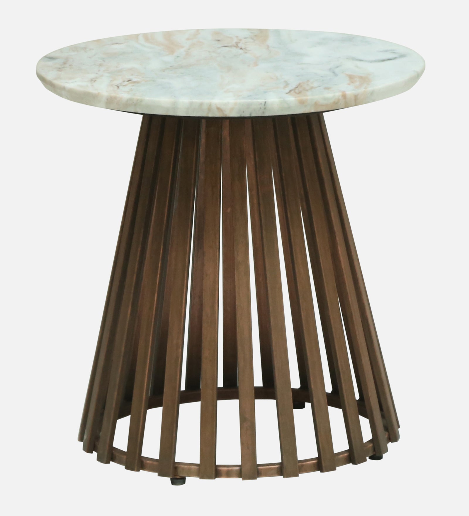 Round White Marble Side Table with Slatted Dark Wood Pedestal Base - alternate view 3