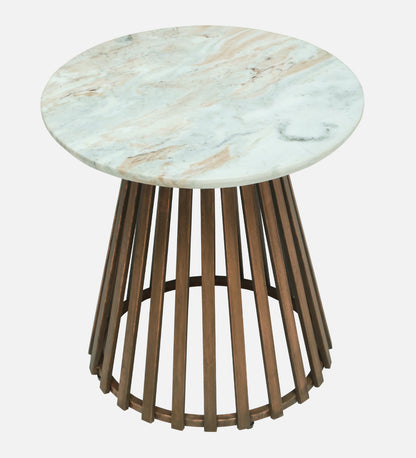 Round White Marble Side Table with Slatted Dark Wood Pedestal Base - alternate view 4