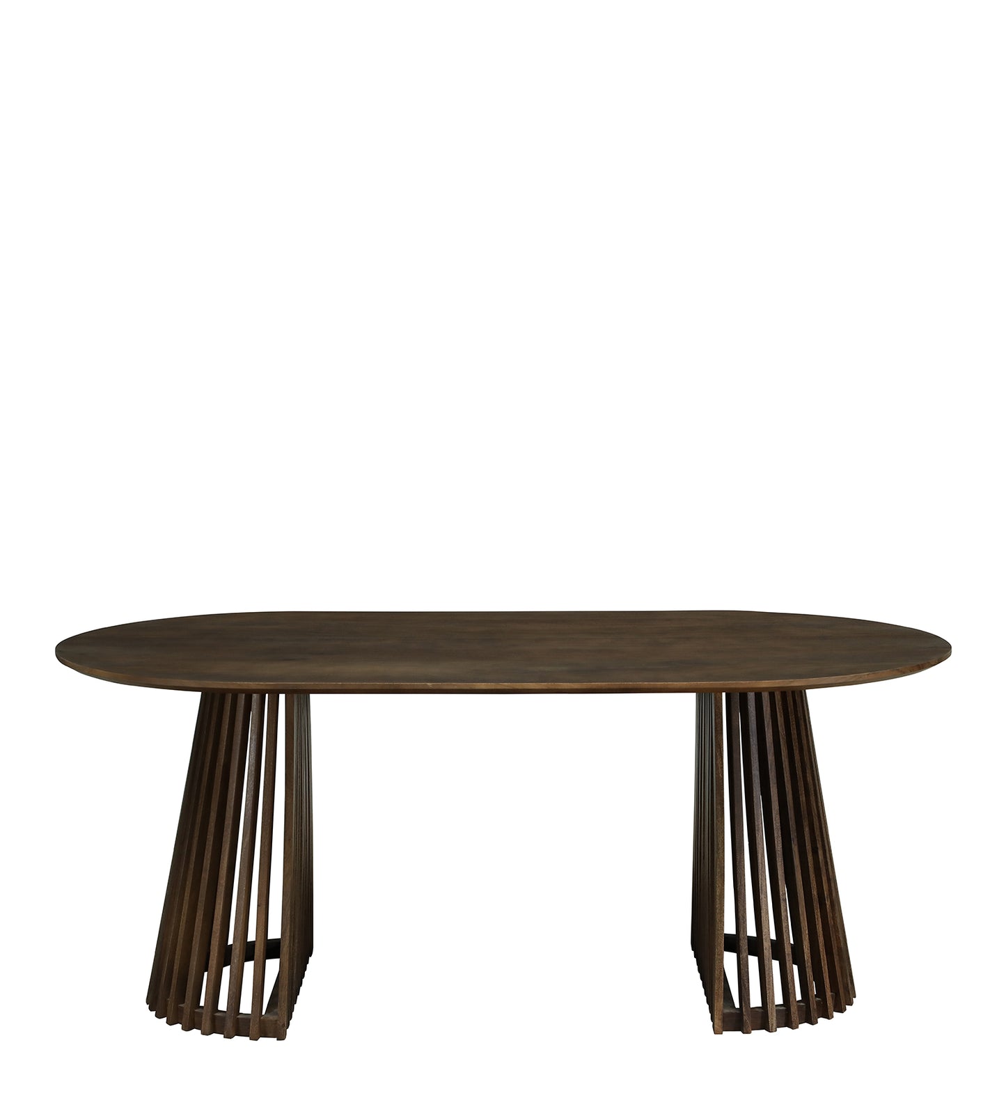 Oval Dining Table with Dark Wood Top and Dual Slatted Pedestal Bases - alternate view 3