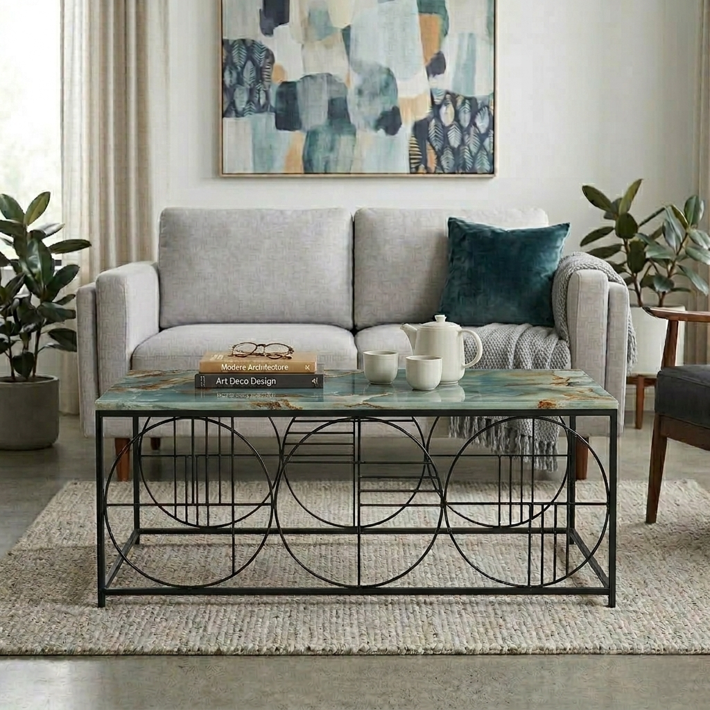 Black Metal Base and Green Porcelian Top Coffee Table