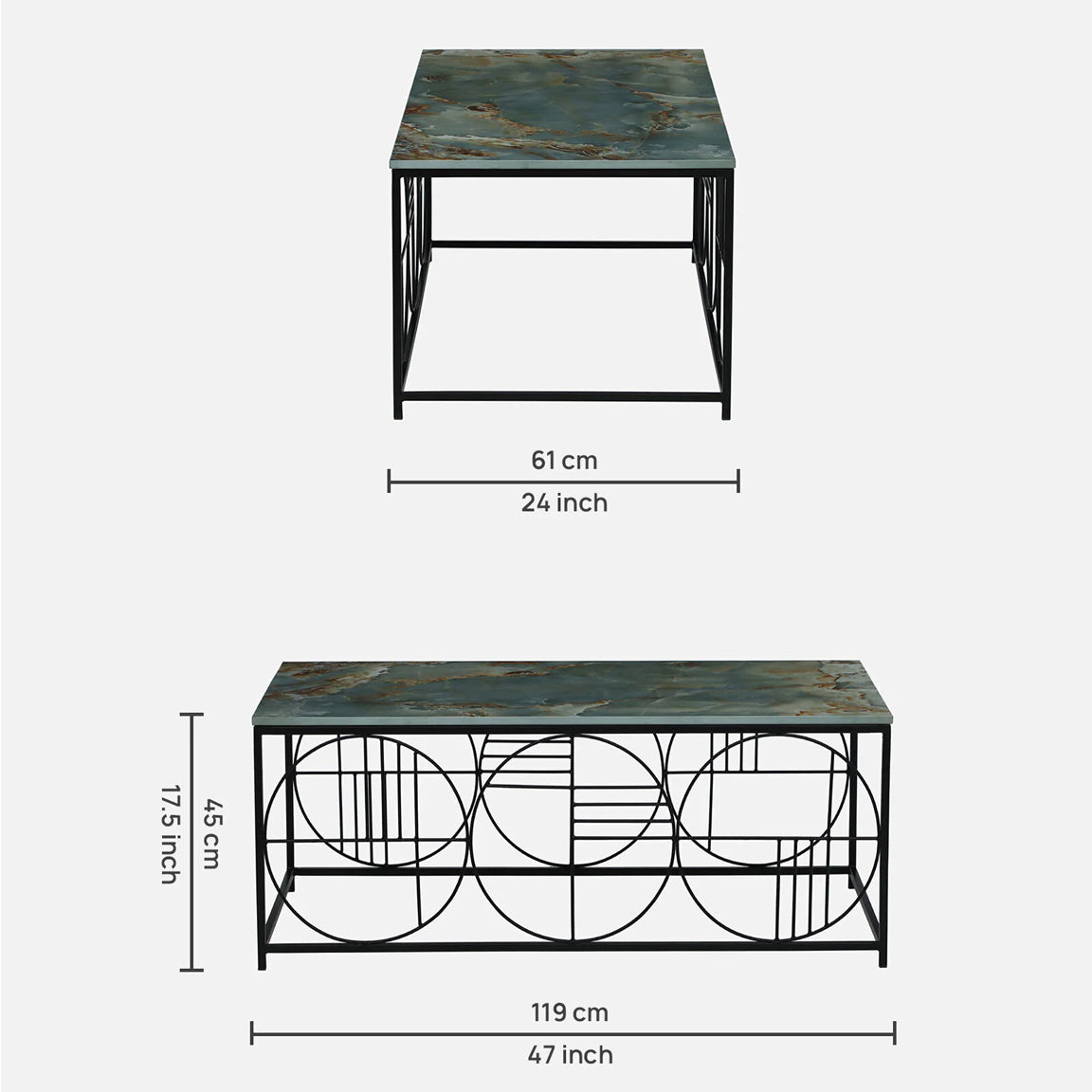 Black Metal Base and Green Porcelian Top Coffee Table - dimensions