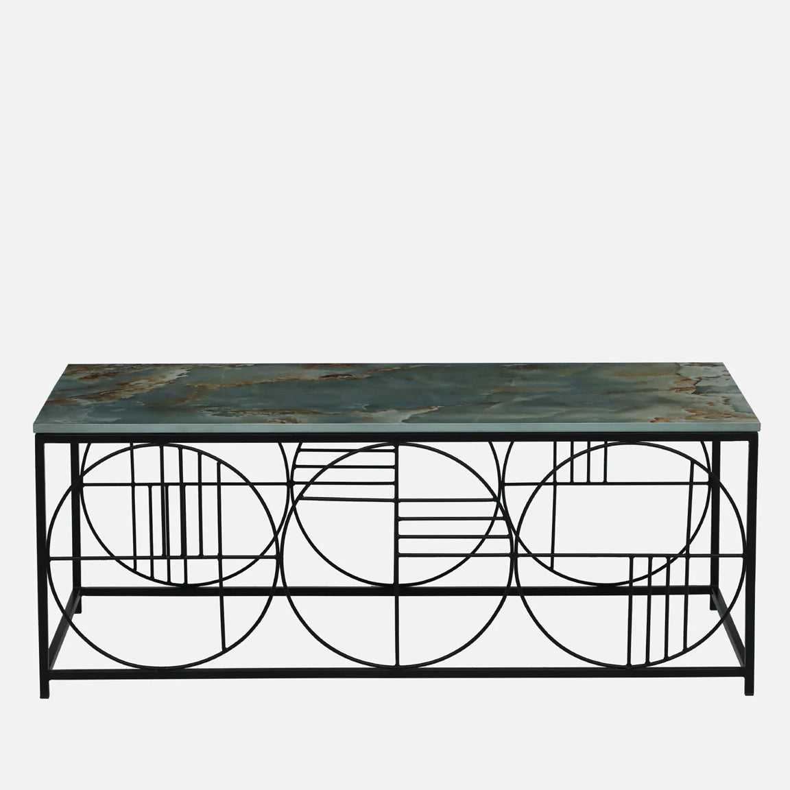 Black Metal Base and Green Porcelian Top Coffee Table - front view