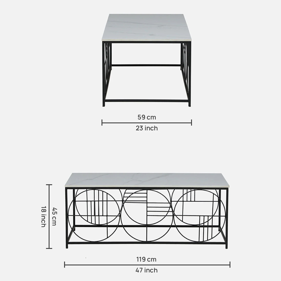 Black Metal Base and White Porcelian Top Coffee Table - dimensions
