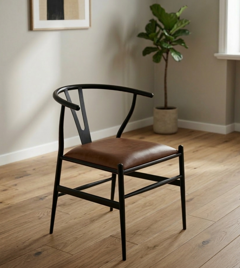 Metallic Black Chair with Tan Finish Leather Seat - styled room view