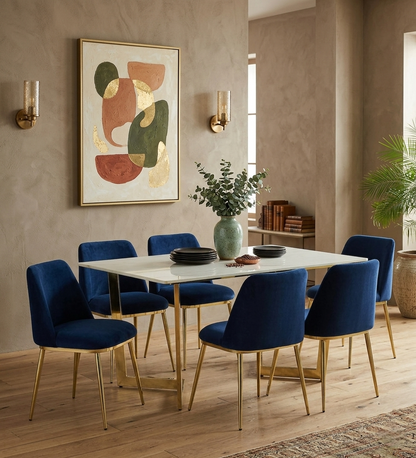Avila 6 Seater Metallic Dining Set in Glossy Gold and Blue Velvet Chair - Dining Set 6 Seater Blue