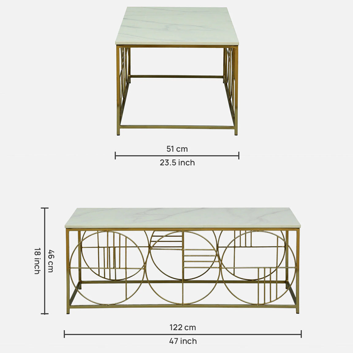 Electroplated Golden Metal Base and White Porcelian Top Coffee Table - dimensions