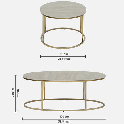 Electroplated Golden Metal Coffee Table with Travertine Top - dimensions