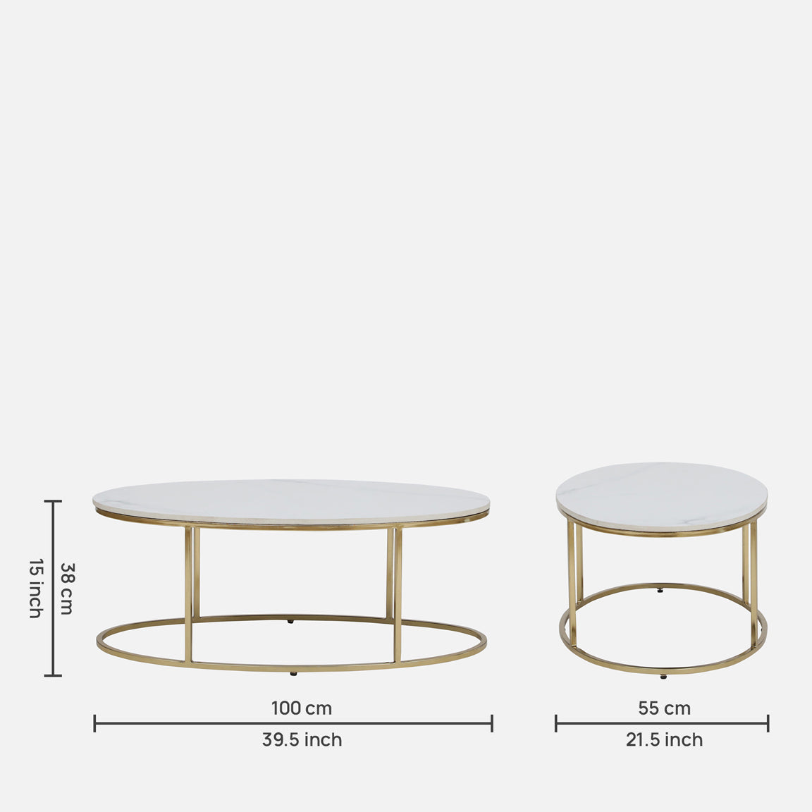 Electroplated Golden Metal Coffee Table with White Porcelain Top - dimensions