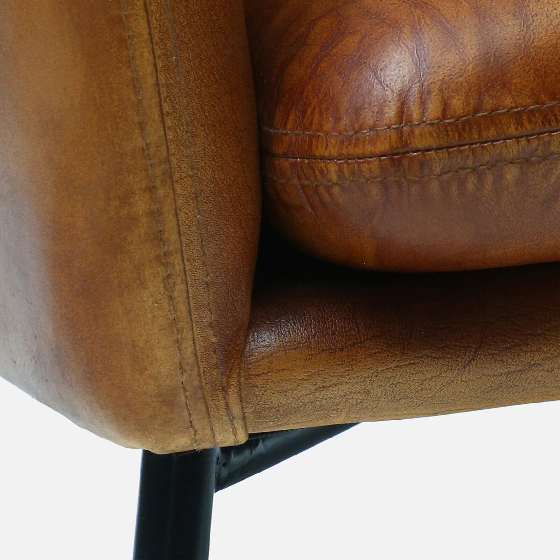Genuine Leather Lounge Chair in Antique Tan Color with Metal Legs - detail view