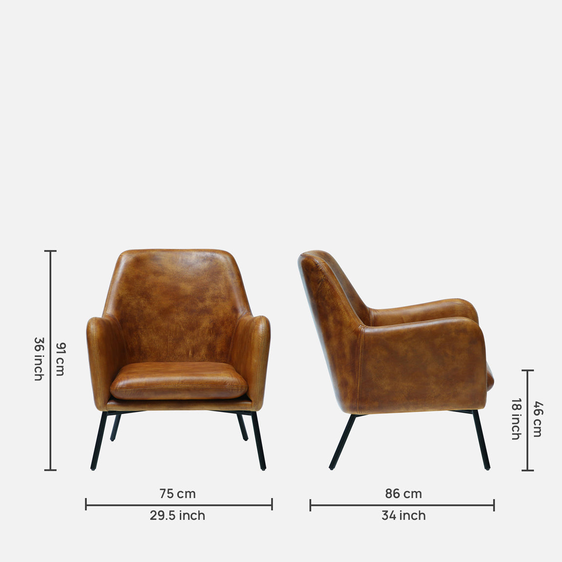 Genuine Leather Lounge Chair in Antique Tan Color with Metal Legs - dimensions