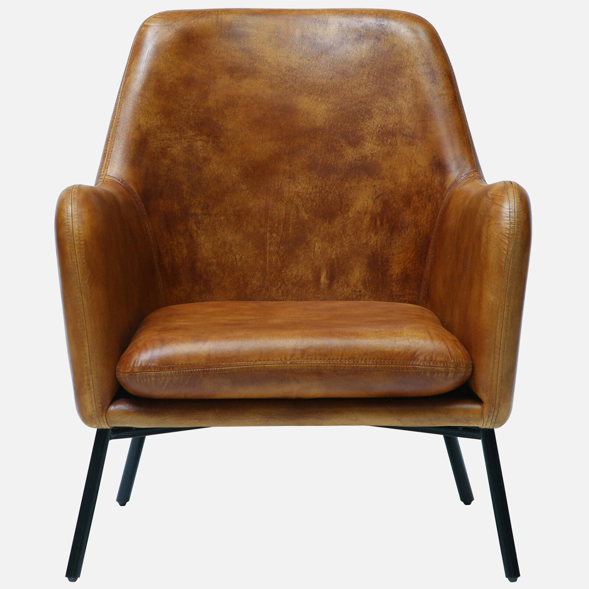 Genuine Leather Lounge Chair in Antique Tan Color with Metal Legs - front view