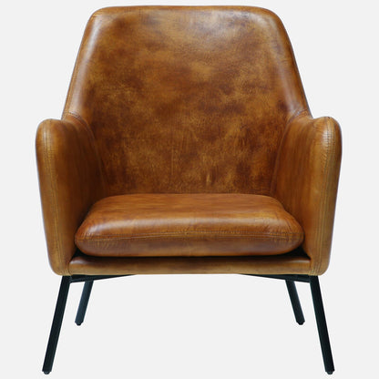 Genuine Leather Lounge Chair in Antique Tan Color with Metal Legs - front view