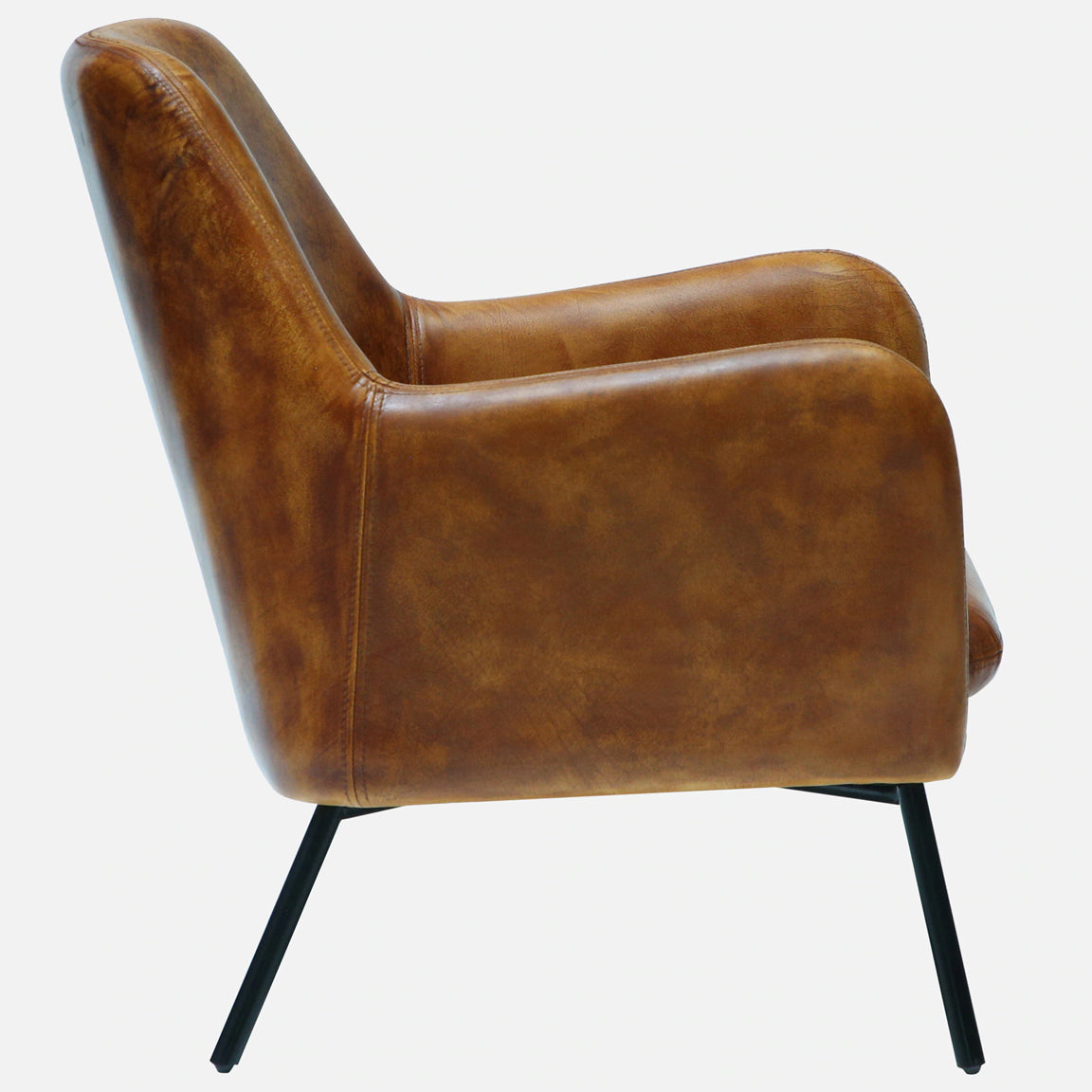 Genuine Leather Lounge Chair in Antique Tan Color with Metal Legs - side view