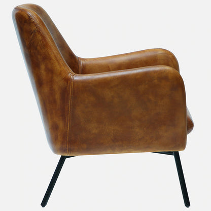 Genuine Leather Lounge Chair in Antique Tan Color with Metal Legs - side view
