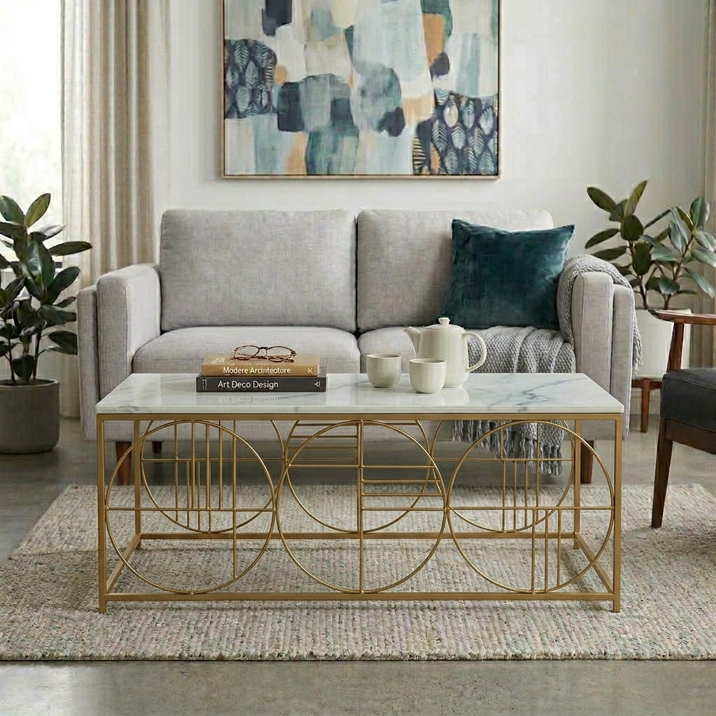 Electroplated Golden Metal Base and White Porcelian Top Coffee Table