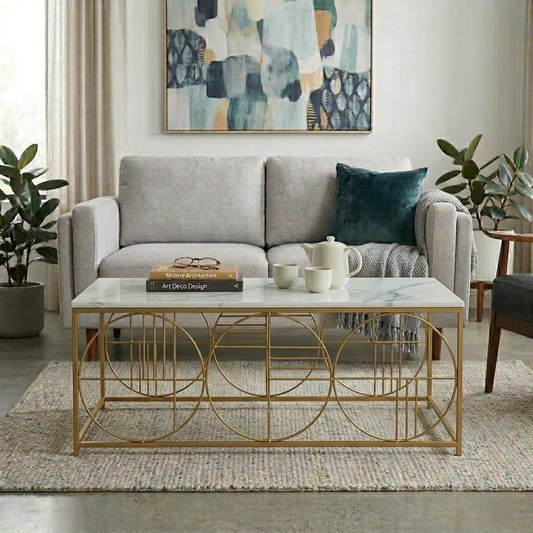 Electroplated Golden Metal Base and White Porcelian Top Coffee Table