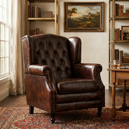 Leather Lounge Chair in Brown Finish - styled room view