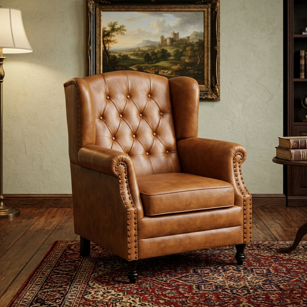 Leather Lounge Chair in Tan Finish - styled room view