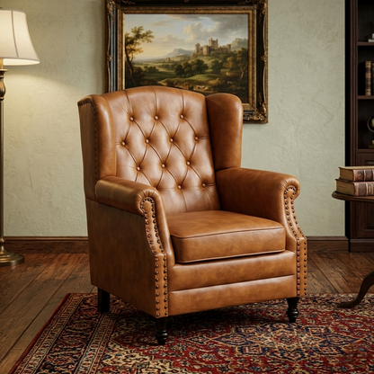 Leather Lounge Chair in Tan Finish - styled room view