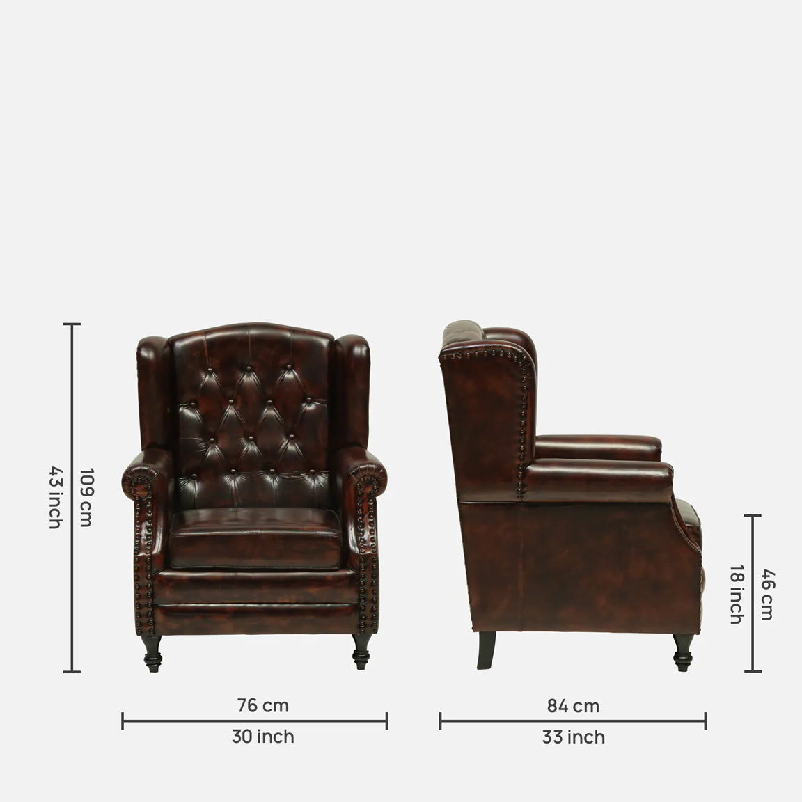 Leather Lounge Chair in Brown Finish - dimensions