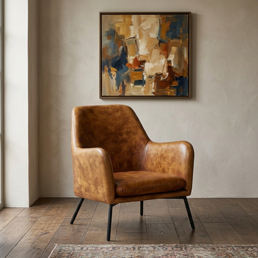 Genuine Leather Lounge Chair in Antique Tan Color with Metal Legs - styled room view