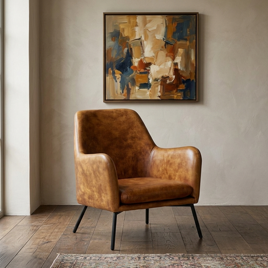 Genuine Leather Lounge Chair in Antique Tan Color with Metal Legs - styled room view