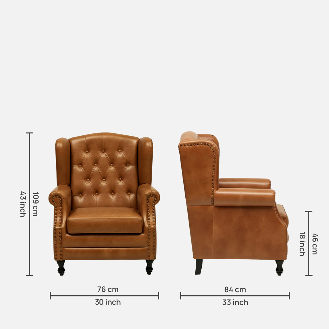 Leather Lounge Chair in Tan Finish - dimensions
