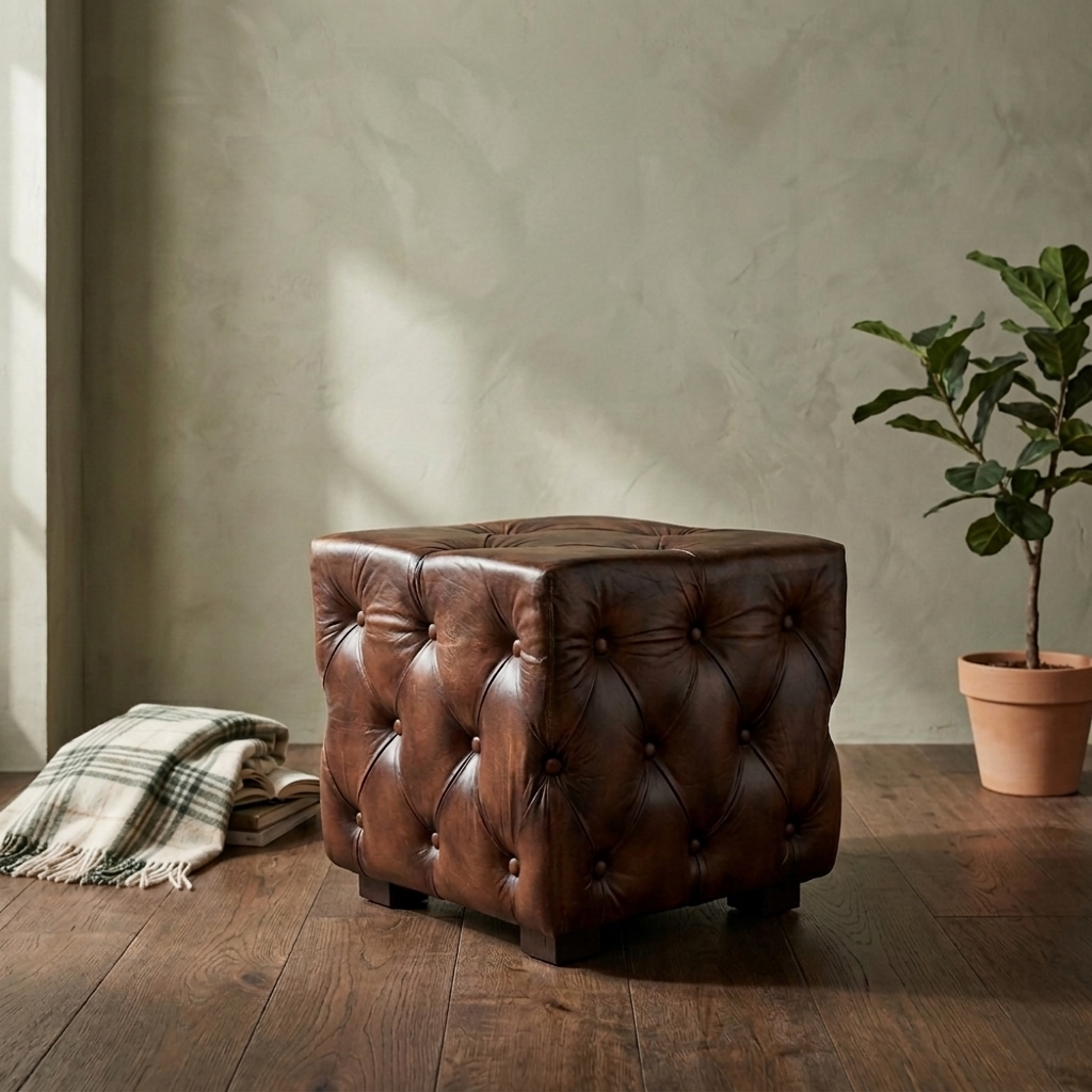 Leather Pouffe in Brown Finish - styled room view