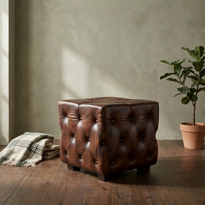 Leather Pouffe in Brown Finish - styled room view